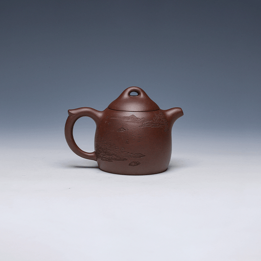 Qin Quan Yixing Teapot with Landscape Carving, Zisha Clay, 160ml