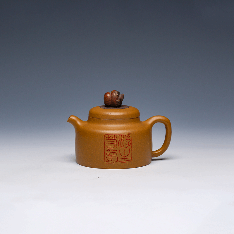Gold-Splashed Small Fanggu Yixing Zisha Teapot, Da Hong Pao Clay, 200ml