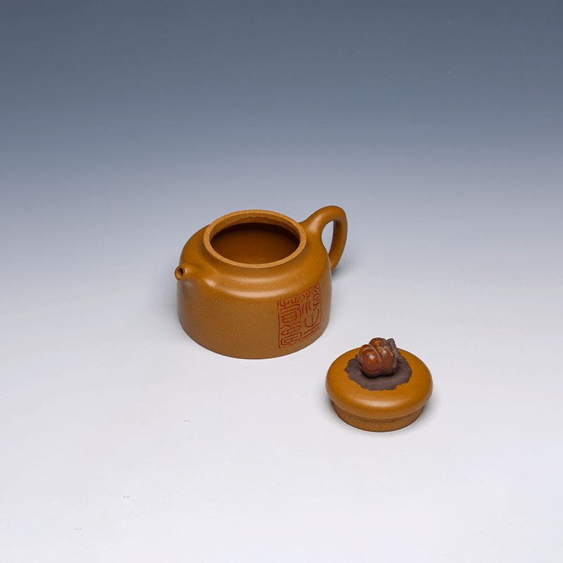 Gold-Splashed Small Fanggu Yixing Zisha Teapot, Da Hong Pao Clay, 200ml