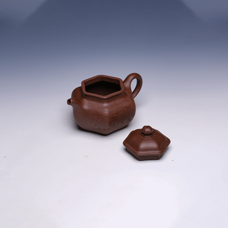 Handmade Yixing Hexagonal Teapot, Zi Ni Clay, 330ml