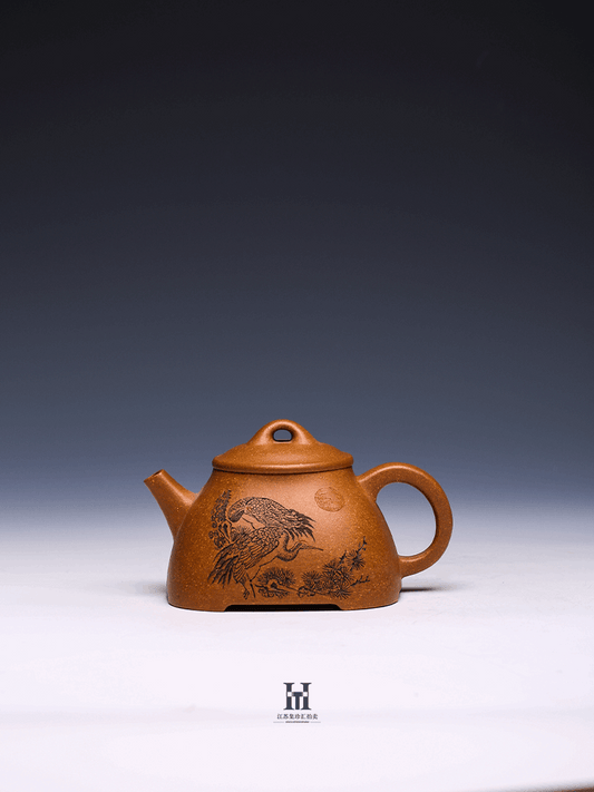 Engraved Yixing Teapot by Zhang Guowei, Crab-Yellow Duan Clay, 330ml