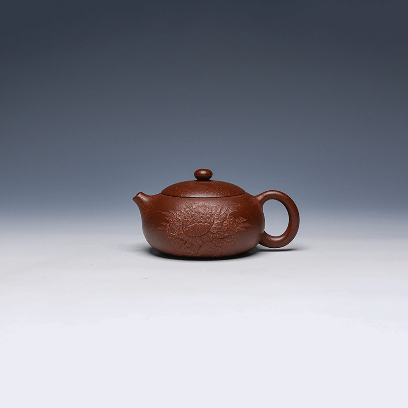 Flat Xi Shi Yixing Zisha Teapot with Carved Design, Zi Zhu Ni Clay, 200ml