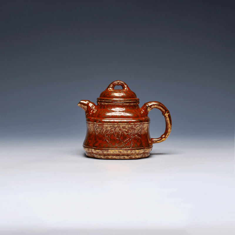 Yixing Teapot with Enamel Gold Finish, Square Design, 350ml