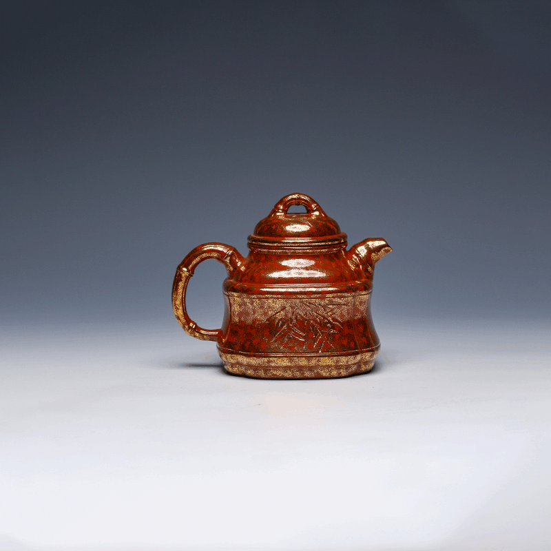 Yixing Teapot with Enamel Gold Finish, Square Design, 350ml