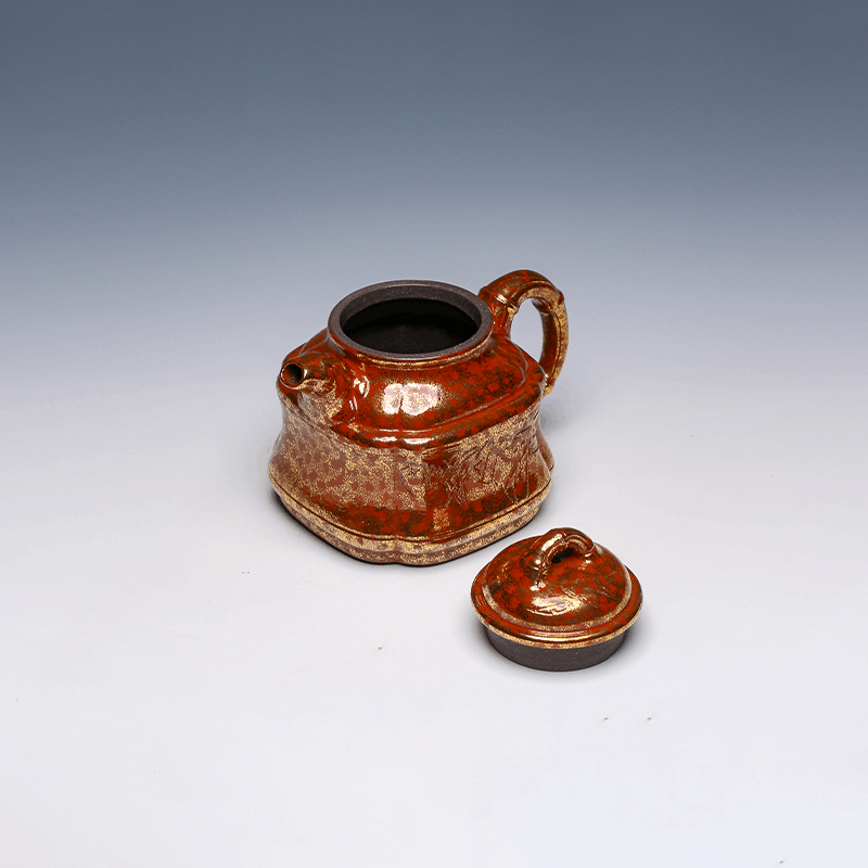 Yixing Teapot with Enamel Gold Finish, Square Design, 350ml