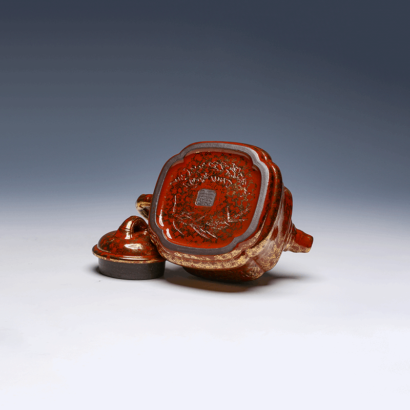 Yixing Teapot with Enamel Gold Finish, Square Design, 350ml