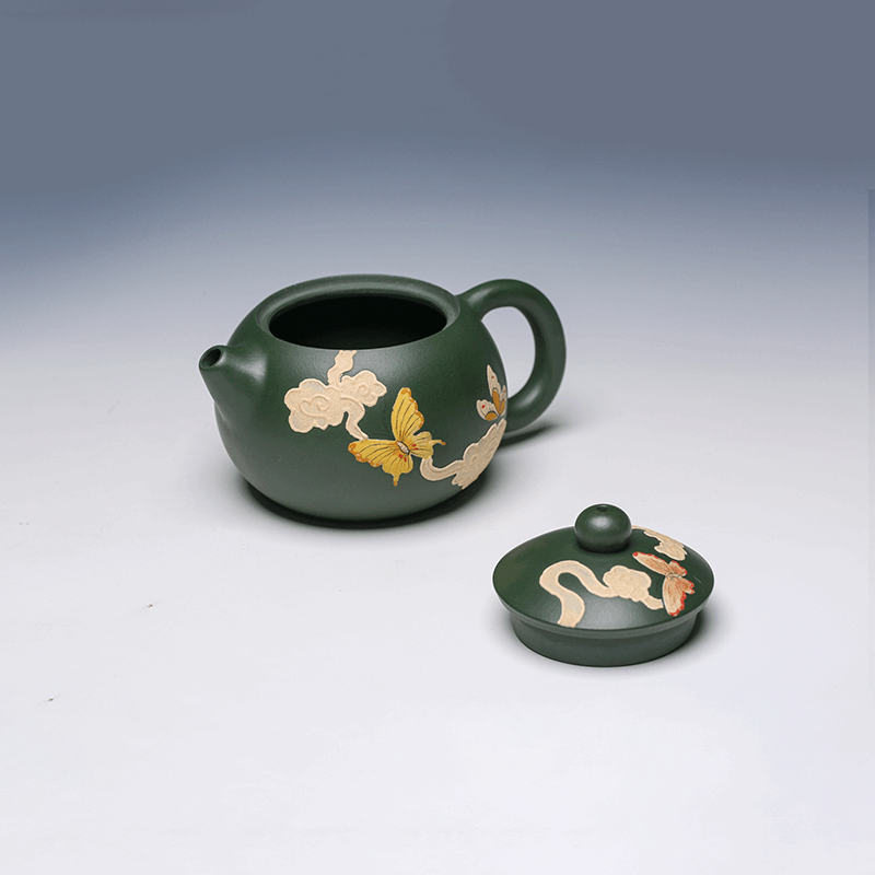 Yixing Teapot, Green Clay, 180ml - Butterfly Design