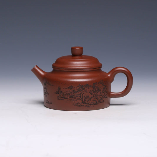 Classic De Zhong Yixing Teapot (Engraved Landscape) by Huang Yuanyuan, Di Cao Qing Clay, 250ml - Yixing Teaware