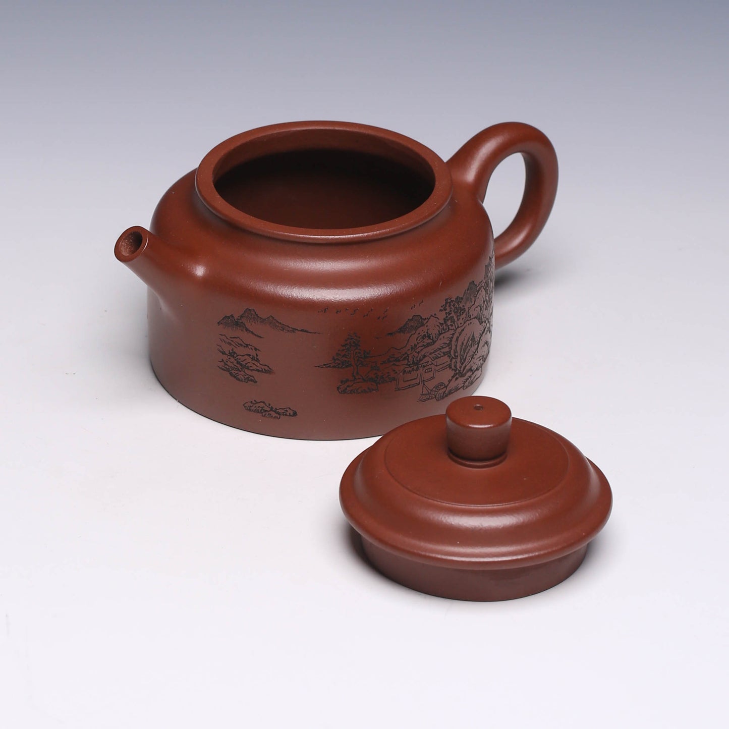 Classic De Zhong Yixing Teapot (Engraved Landscape) by Huang Yuanyuan, Di Cao Qing Clay, 250ml - Yixing Teaware