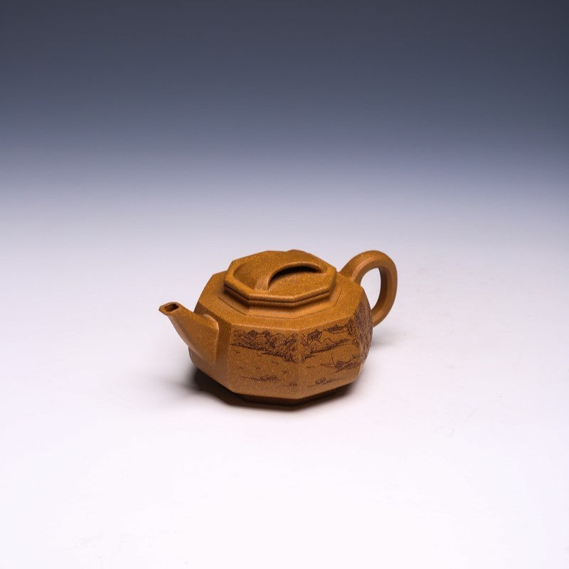 Geometric Hexagonal Yixing Teapot (Engraved) with Niu Gai Lid, Duan Ni Clay, 250ml - Yixing Teaware