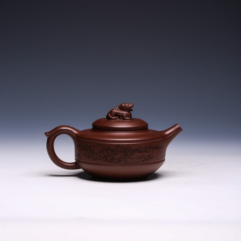 Auspicious Beast Yixing Teapot (Engraved) by Jiang Yuejun, Di Cao Qing Clay, 330ml - Yixing Teaware