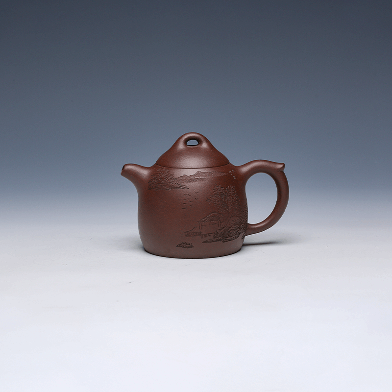 Qin Quan Yixing Teapot with Landscape Carving, Zisha Clay, 160ml