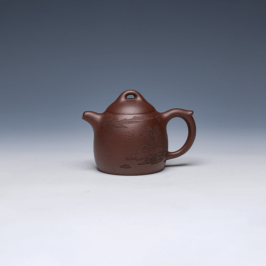 Qin Quan Yixing Teapot with Landscape Carving, Zisha Clay, 160ml