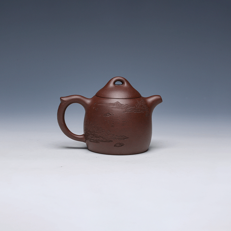 Qin Quan Yixing Teapot with Landscape Carving, Zisha Clay, 160ml
