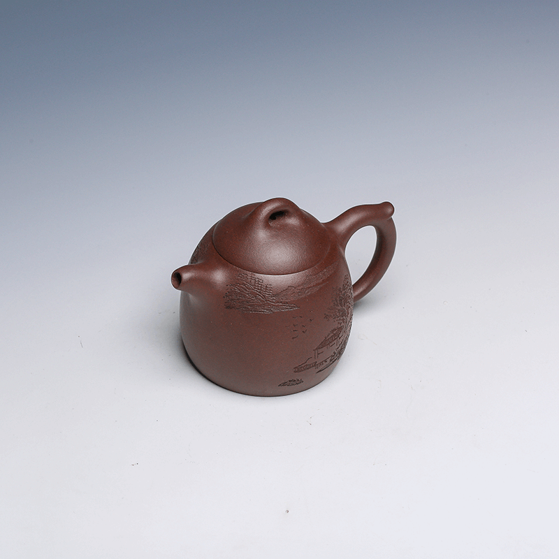 Qin Quan Yixing Teapot with Landscape Carving, Zisha Clay, 160ml