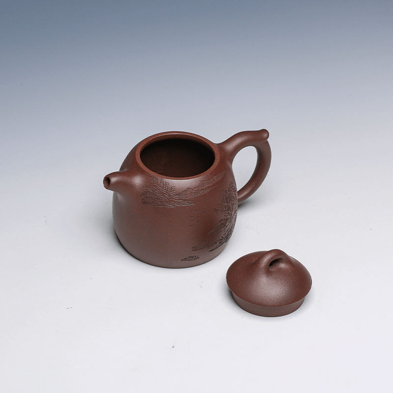 Qin Quan Yixing Teapot with Landscape Carving, Zisha Clay, 160ml