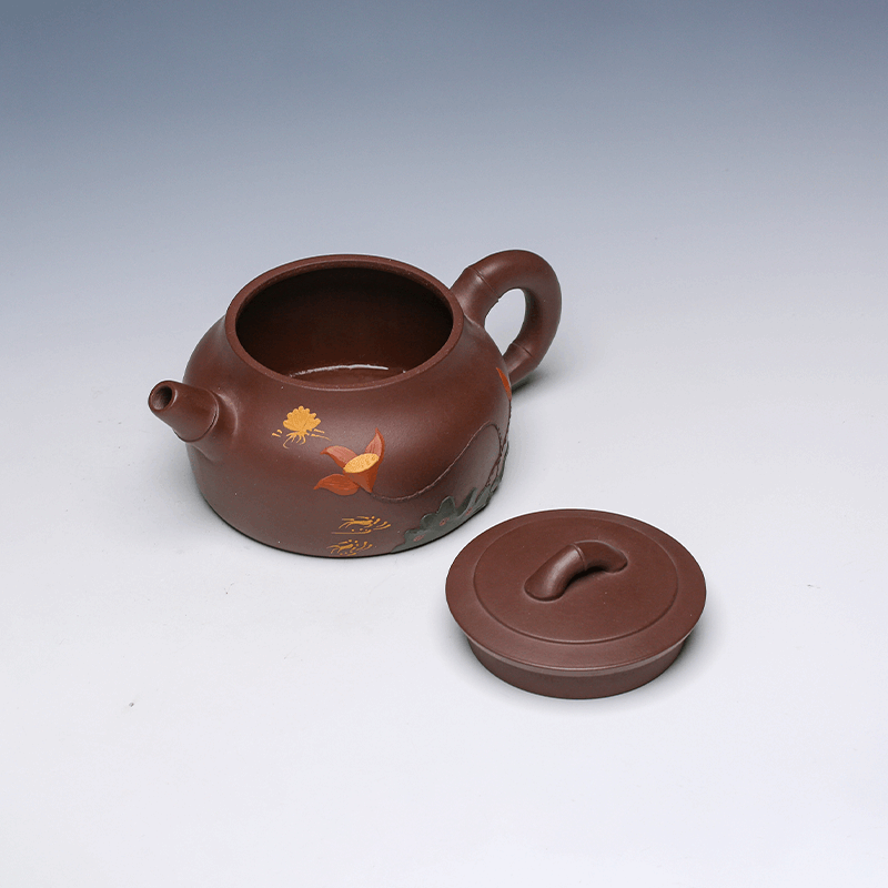 Lotus Pond Yixing Teapot, Hand-Decorated, Lao Zi Ni Clay, 275ml
