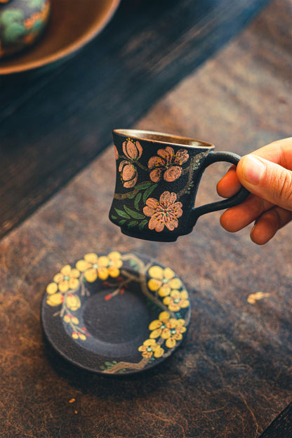 Pink floral handled cup and yellow floral saucer