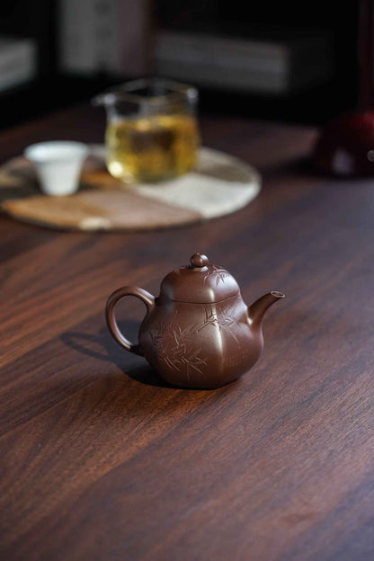 Hexagonal Pear Teapot with Bamboo Engraving, Zi Ni, 150ml